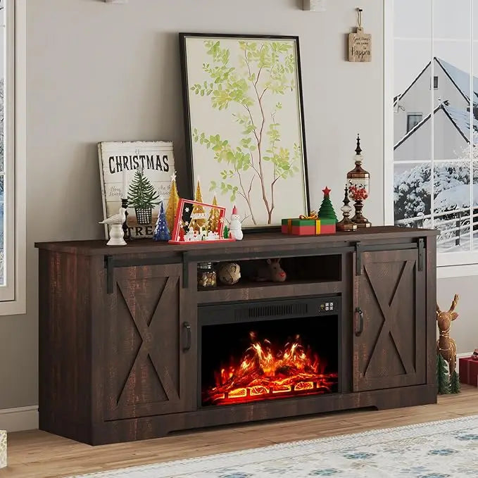 The House Of Bonney 63" Farmhouse Fireplace TV Stand with Storage Cabinets & Sliding Barn Doors