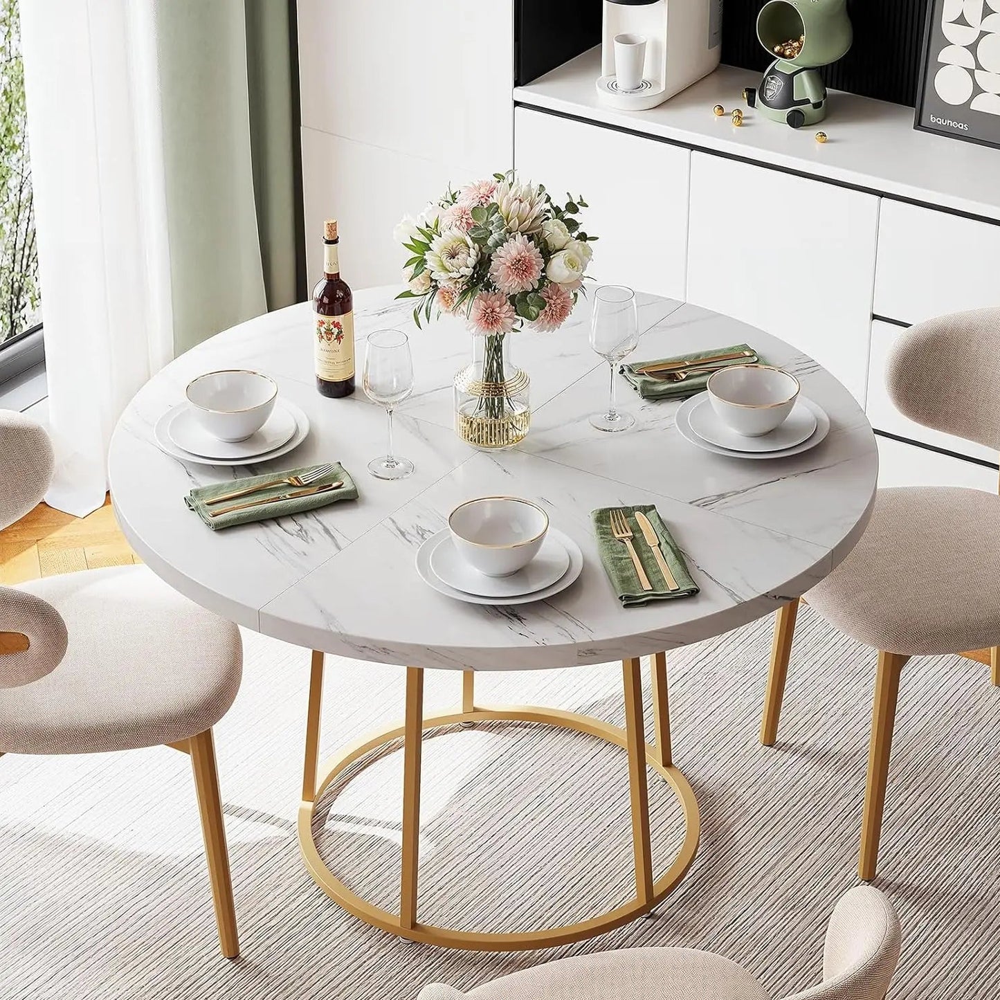 Opulence Round Dining Table – 47” White Marble Luxe with Gold Sculptural Base for Inspired Gatherings