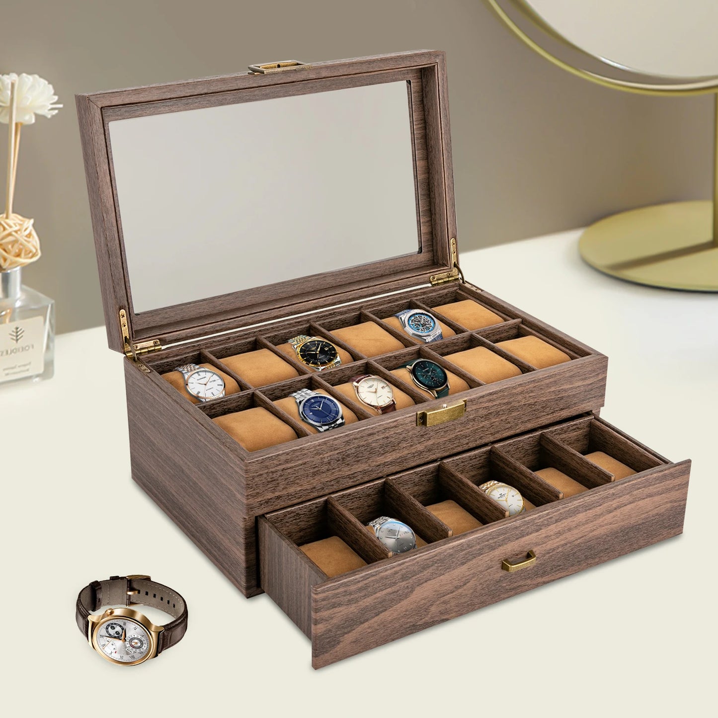 Timeless Elegance: 24-Slot Watch Box with Dual Layers, Brown