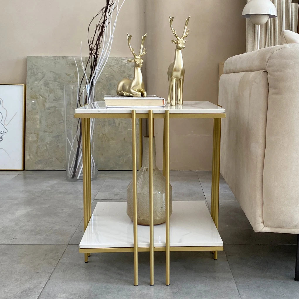 The House of Bonney Double-Layer Marble Coffee Table – Modern Gold Accent End Table for Living Room Luxury