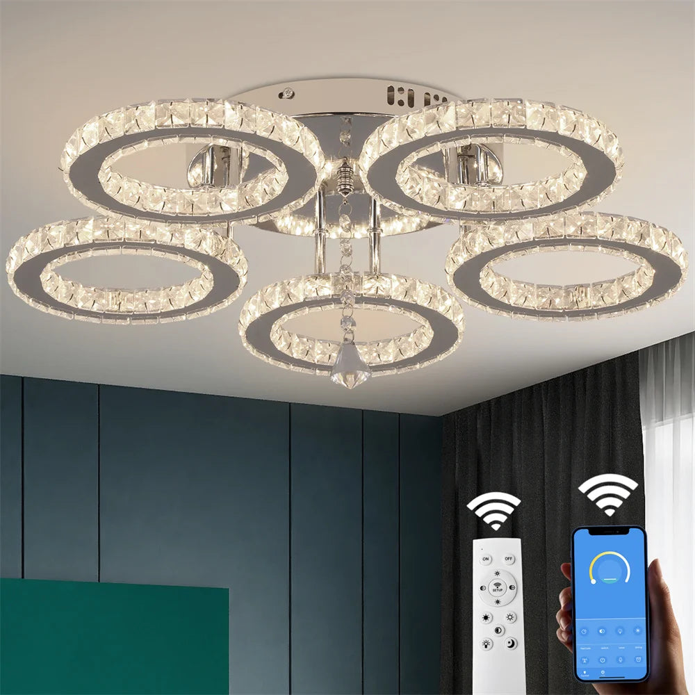 Celestia Luxe Crystal Chandelier – Modern App-Controlled Dimmable LED Ceiling Light with Polished Chrome Rings