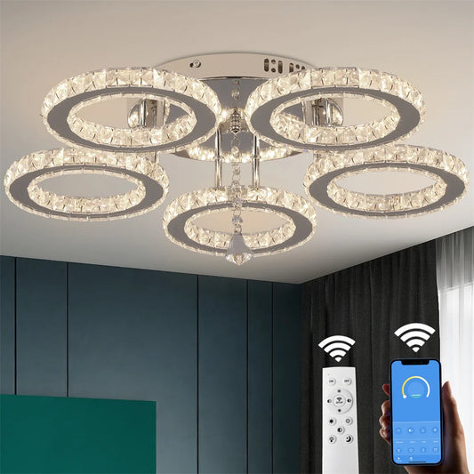 Celestia Luxe Crystal Chandelier – Modern App-Controlled Dimmable LED Ceiling Light with Polished Chrome Rings