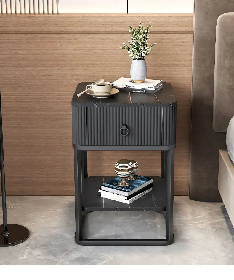 CelesteRound Modern Slate Nightstand – Minimalist Luxury Metal Side Table with Drawer for Bedroom & Living Elegance