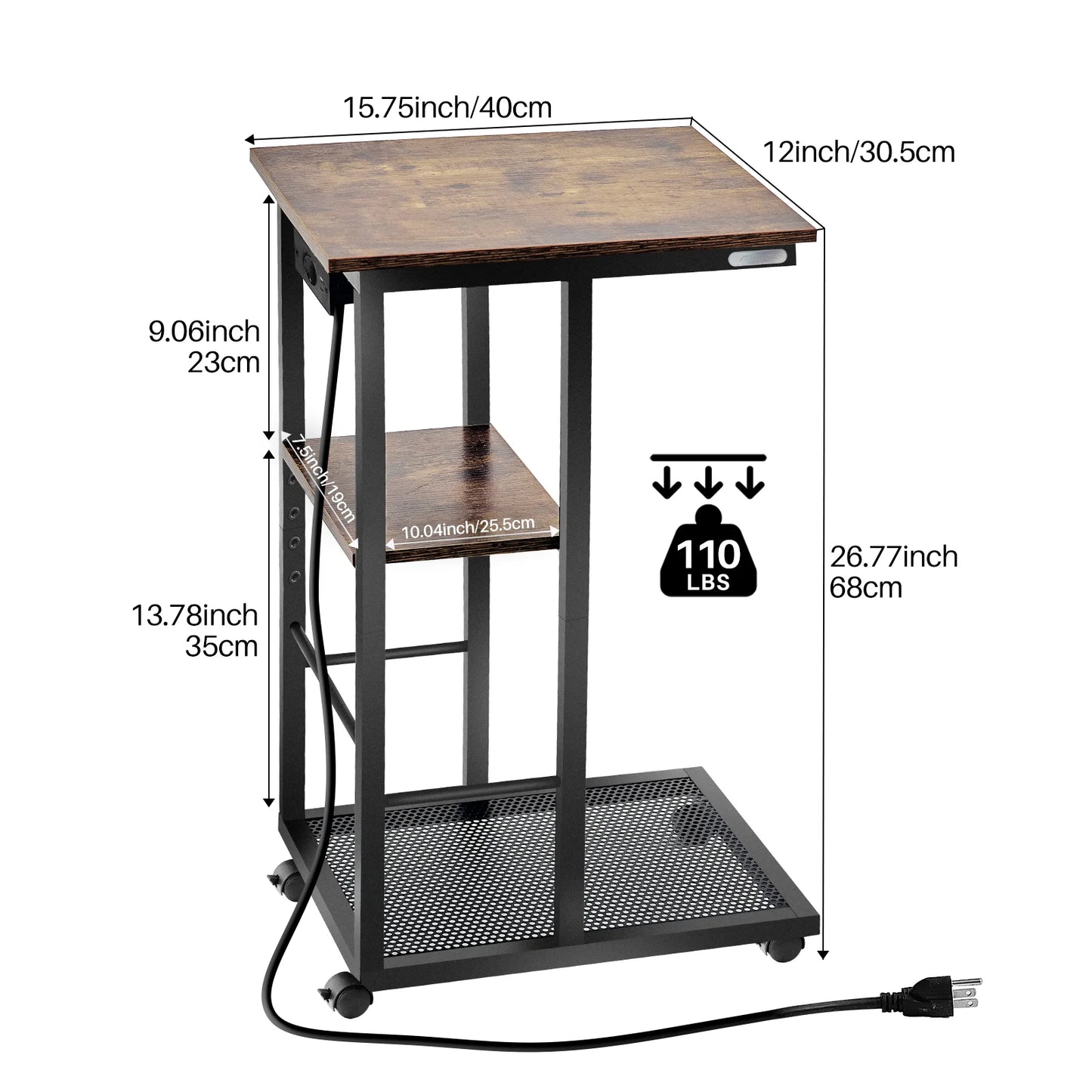 The House Of Bonney Redlife C-Shaped End Table With Charging Station – Rolling Sofa Side Table With Storage Shelves For Small Spaces ⚡🏡
