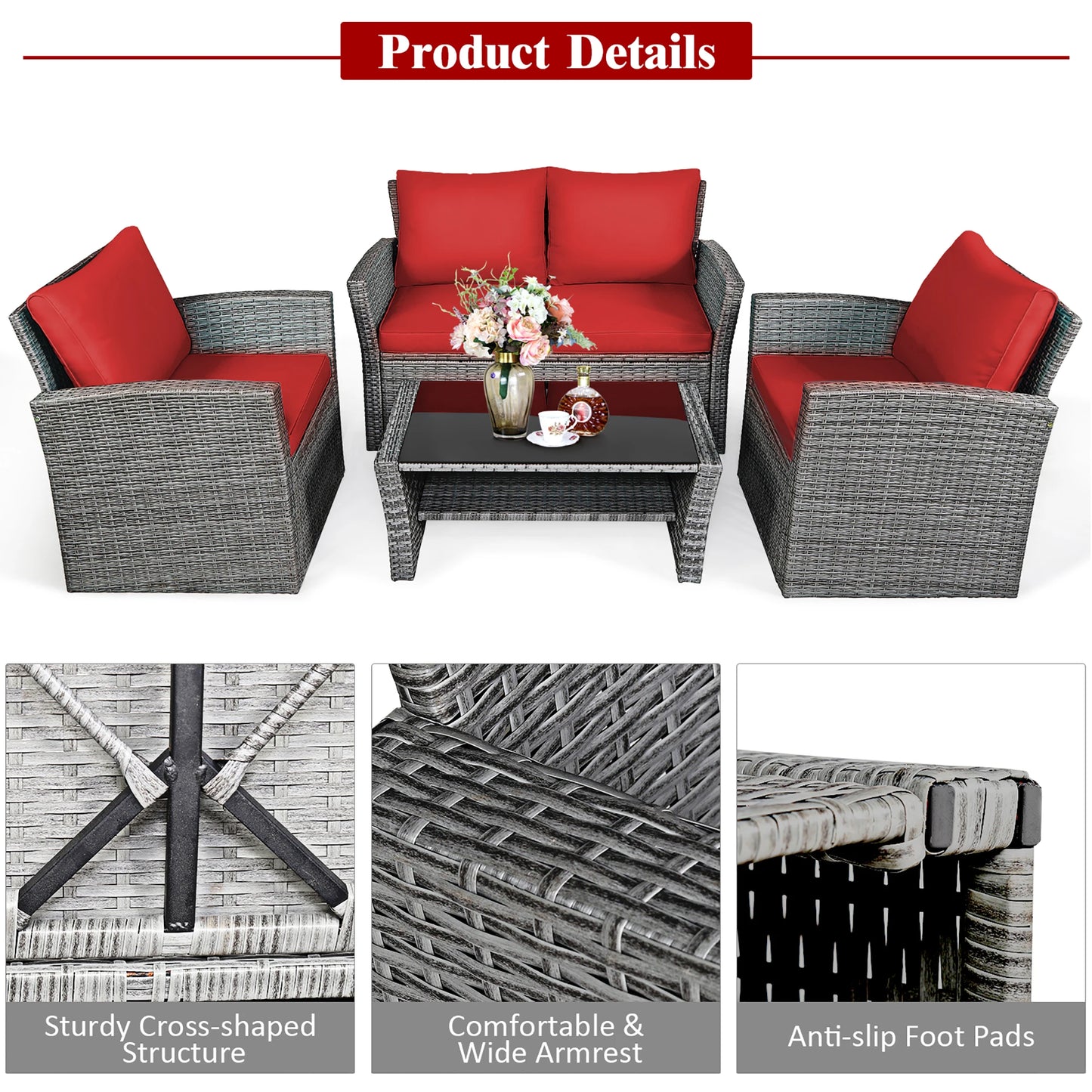 Maison Veranda: 4-Piece Rattan Conversation Set with Storage Coffee Table & Red Cushions