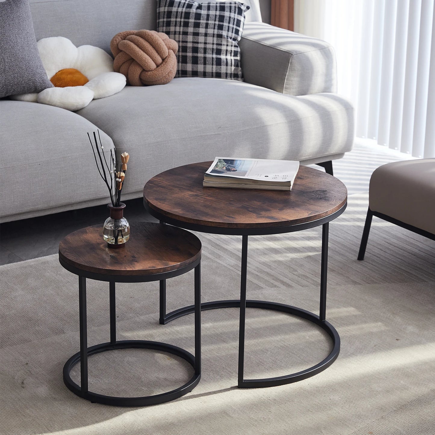 Maison Dualité: Nordic Round Nesting Coffee Table Set – Sculpted Elegance for Modern Interiors (2-in-1 Combo)