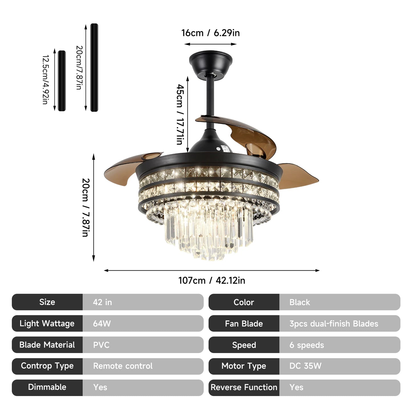 Smart RC Ceiling Fan Lamp Led Light Modern Home Decor Crystal Black Chandelier Living Dining Room Indoor Fixture Intelligent
