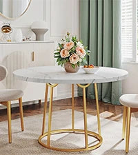 Opulence Round Dining Table – 47” White Marble Luxe with Gold Sculptural Base for Inspired Gatherings