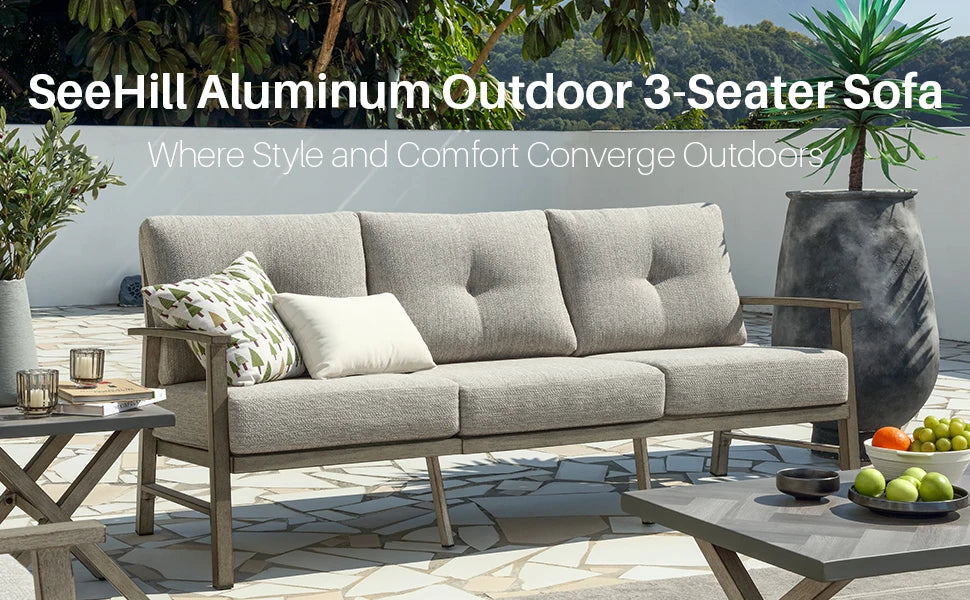 Seehill Limed Oak 3-Seater Outdoor Sectional Sofa – Modern Aluminum Patio Set for Garden, Lawn & Terrace Bliss