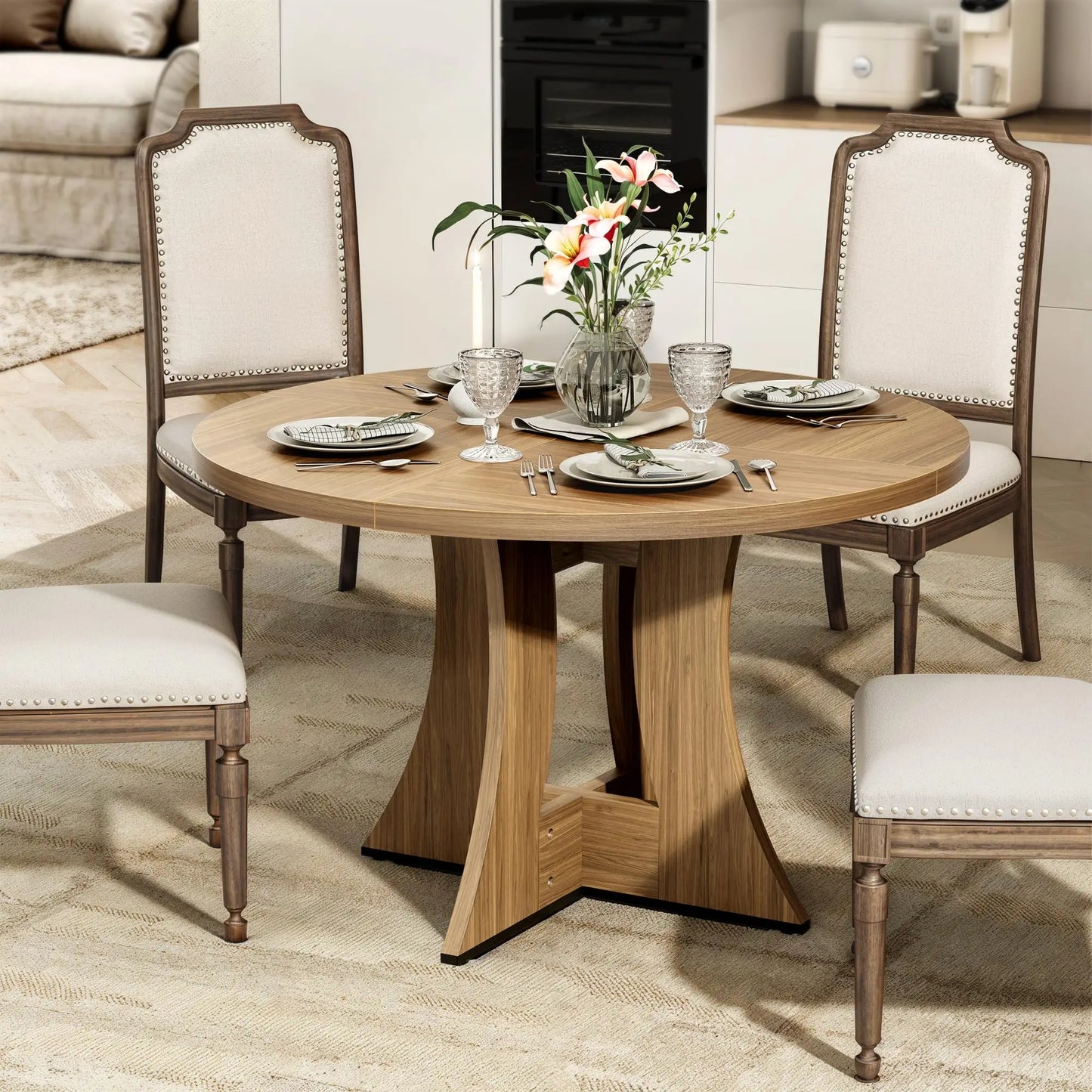 Opulence Round Dining Table – 47” White Marble Luxe with Gold Sculptural Base for Inspired Gatherings