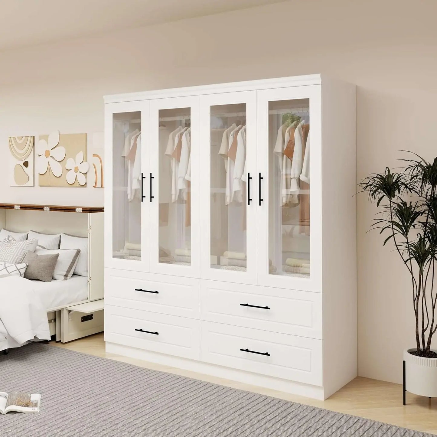 71” Wooden Bedroom Wardrobe with Mirrors & Drawers – High Cabinet Wardrobe with Hangers, Modern Storage Solution for Elegant Spaces