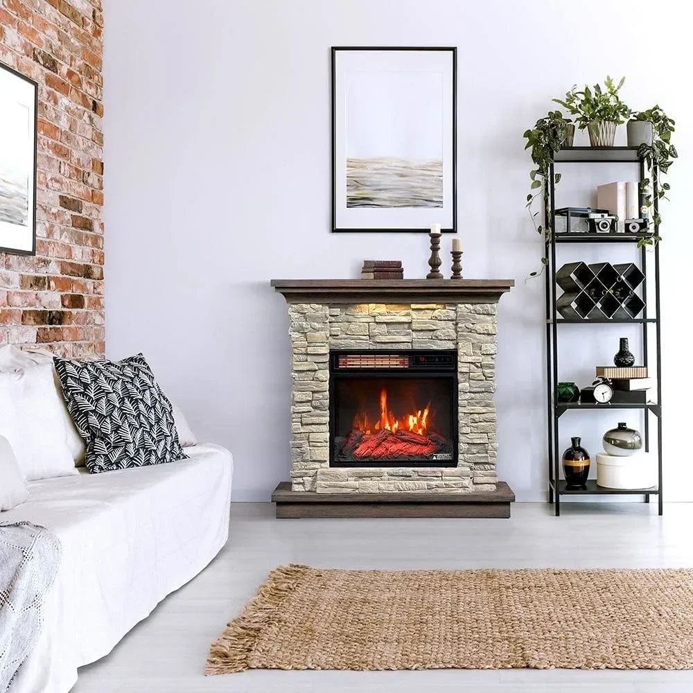 Smoky Gray Stone Wall Mantel Electric Fireplace | Remote-Controlled, 5,200 BTU Infrared Heater