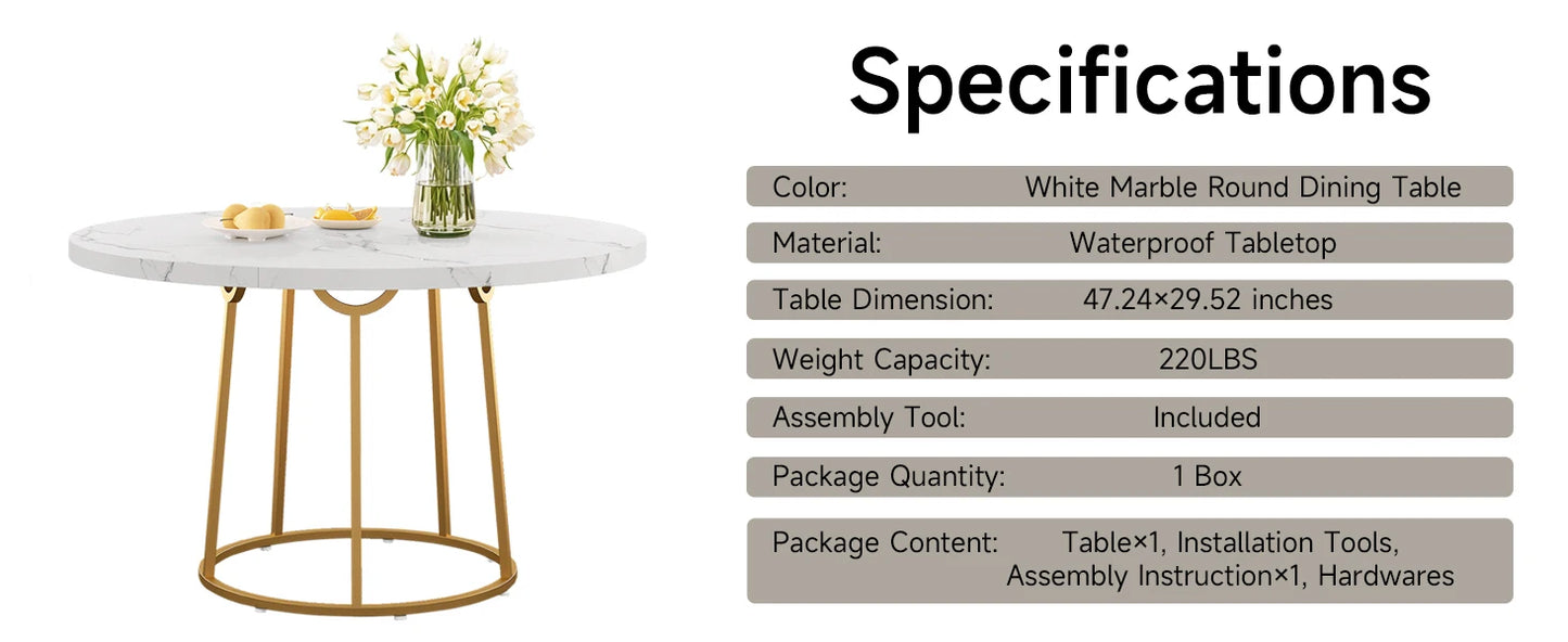 Opulence Round Dining Table – 47” White Marble Luxe with Gold Sculptural Base for Inspired Gatherings