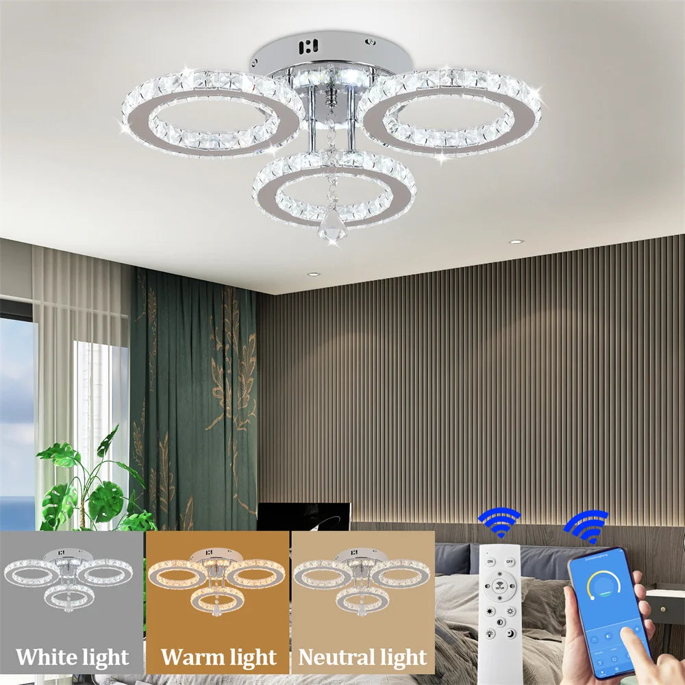 Celestia Luxe Crystal Chandelier – Modern App-Controlled Dimmable LED Ceiling Light with Polished Chrome Rings