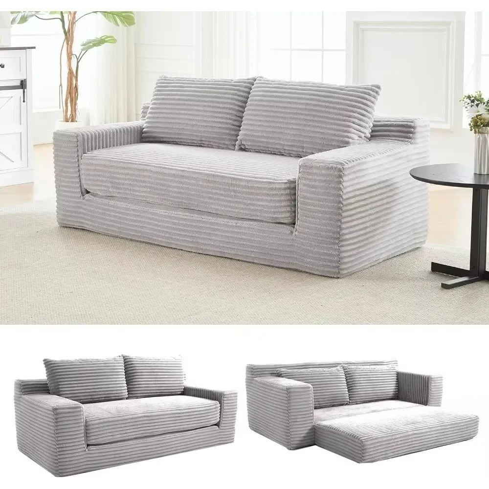 Corduroy Cloud Convertible Loveseat – 2-in-1 Sofa Bed for Small Spaces with Dual Pillows & Retro-Modern Charm