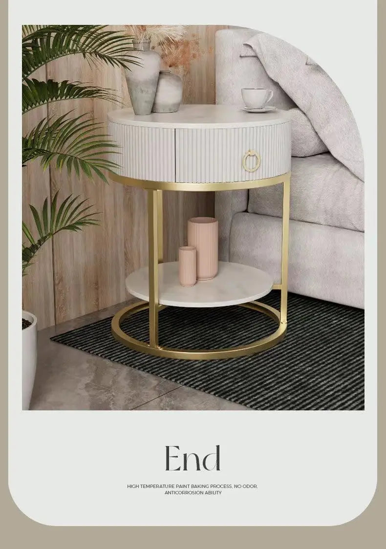 CelesteRound Modern Slate Nightstand – Minimalist Luxury Metal Side Table with Drawer for Bedroom & Living Elegance