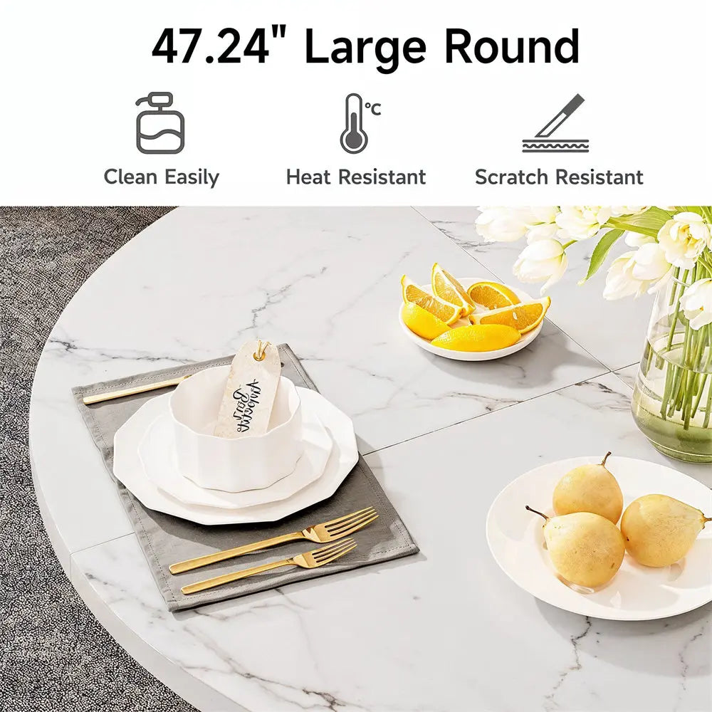 Opulence Round Dining Table – 47” White Marble Luxe with Gold Sculptural Base for Inspired Gatherings