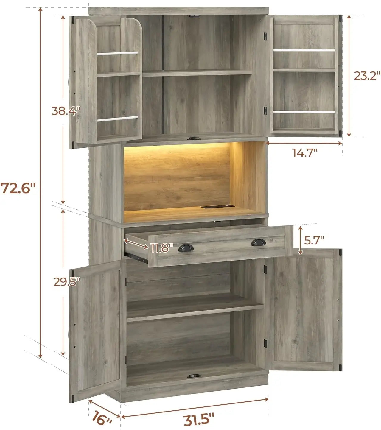 Rustic Farmhouse Kitchen Pantry Cabinet | 72.6” Storage Unit with LED Lighting & Power Strip