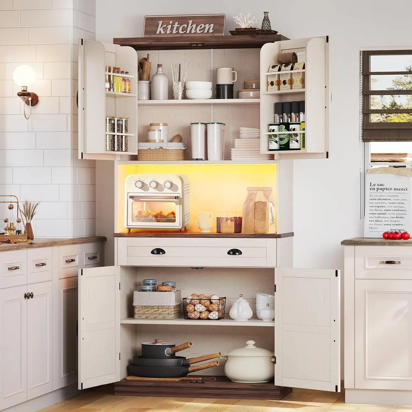 Rustic Farmhouse Kitchen Pantry Cabinet | 72.6” Storage Unit with LED Lighting & Power Strip