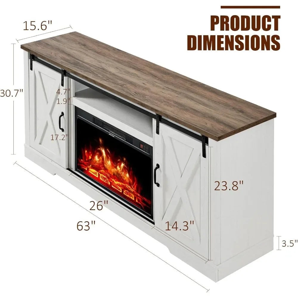 The House Of Bonney 63" Farmhouse Fireplace TV Stand with Storage Cabinets & Sliding Barn Doors