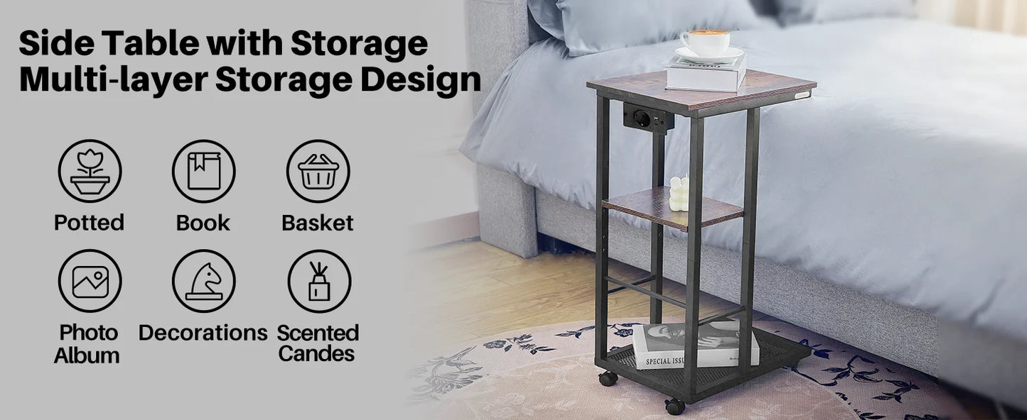 The House Of Bonney Redlife C-Shaped End Table With Charging Station – Rolling Sofa Side Table With Storage Shelves For Small Spaces ⚡🏡