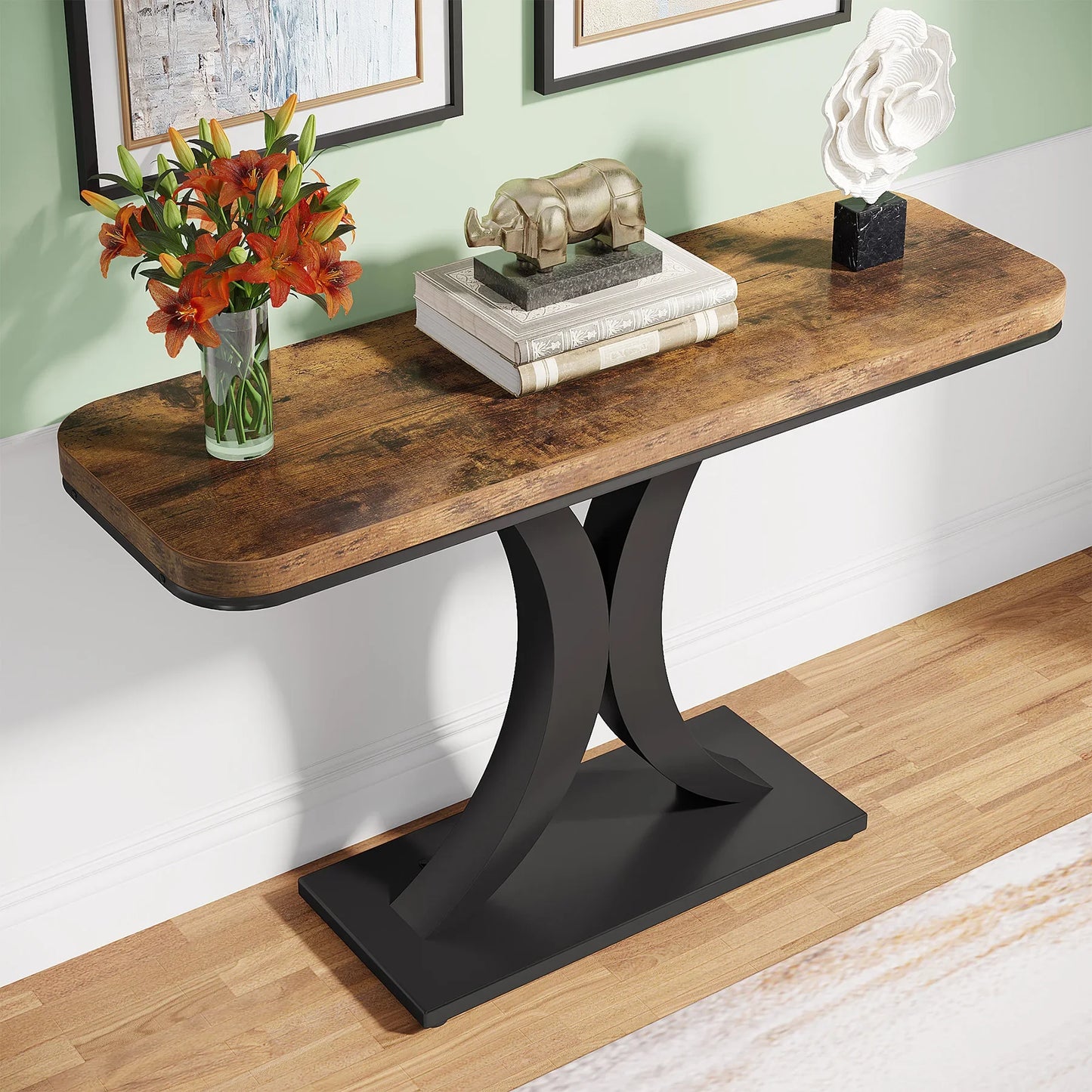 “Avenue Noir” Industrial Console Table — Geometric Iron Frame & Rustic Wood Grain Elegance for Hallway, Entryway, or Living Room