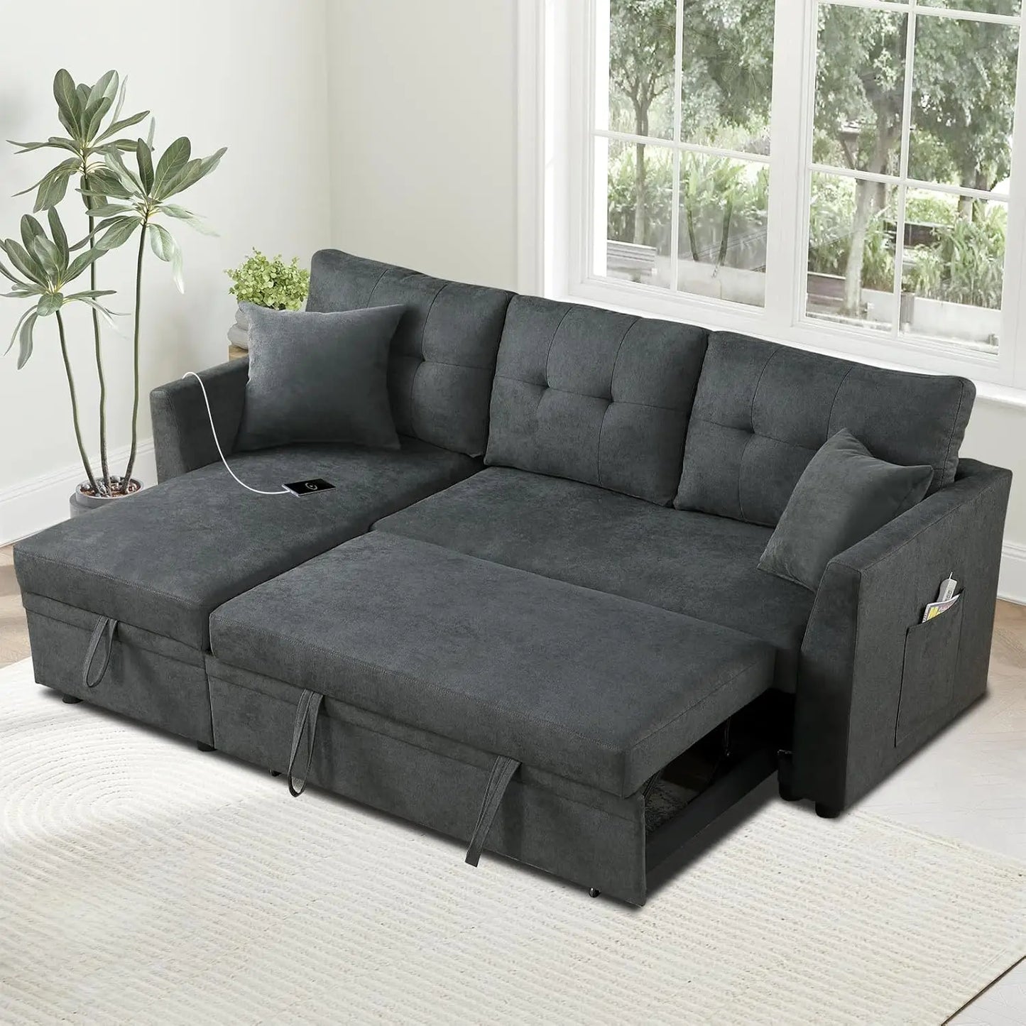 L-Shape Storage Sofa with Pull-Out Sleeper & USB/Type-C Charging – The House of Bonney