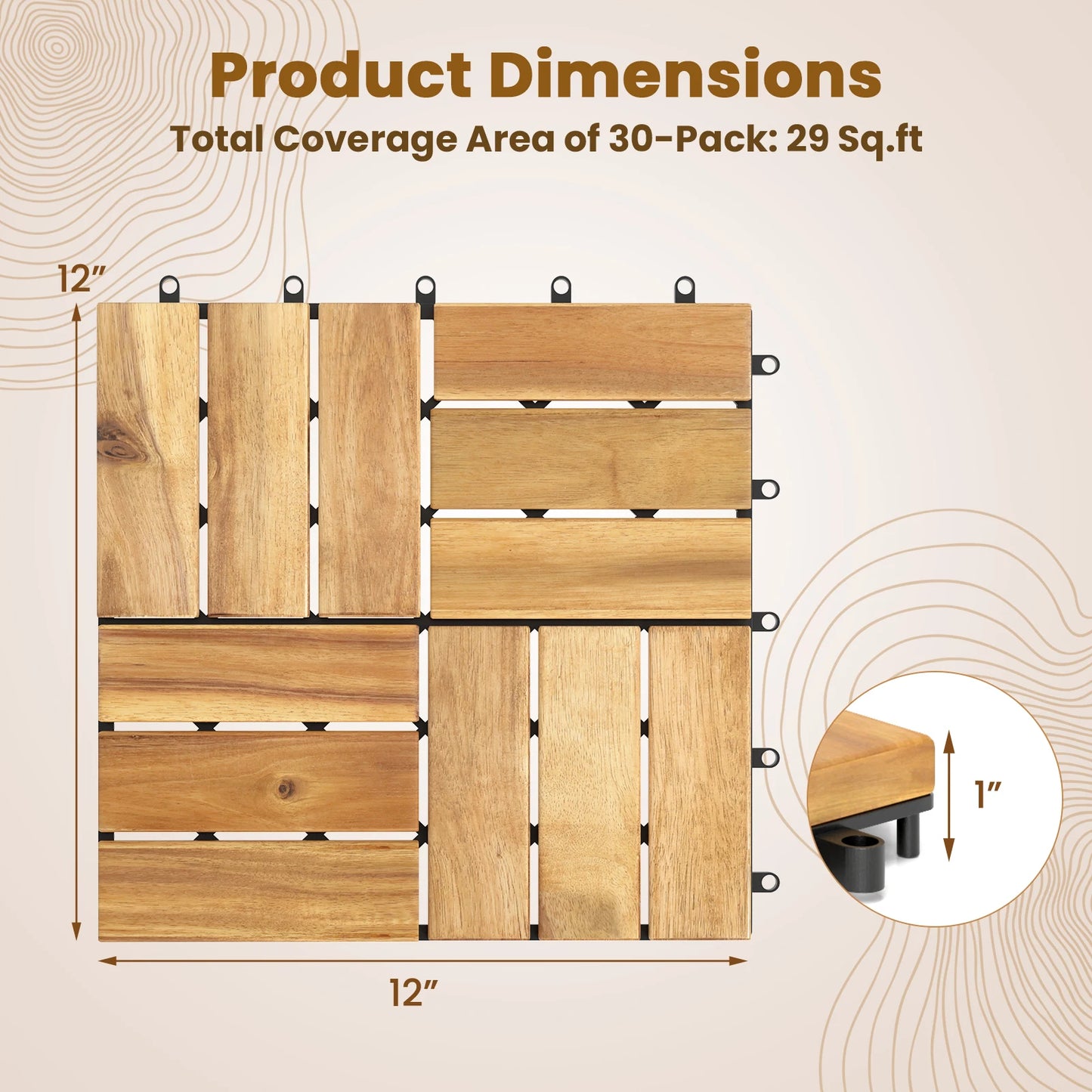 The House Of Bonney 30-Piece Acacia Wood Interlocking Deck Tiles – Natural Outdoor & Patio Flooring Set