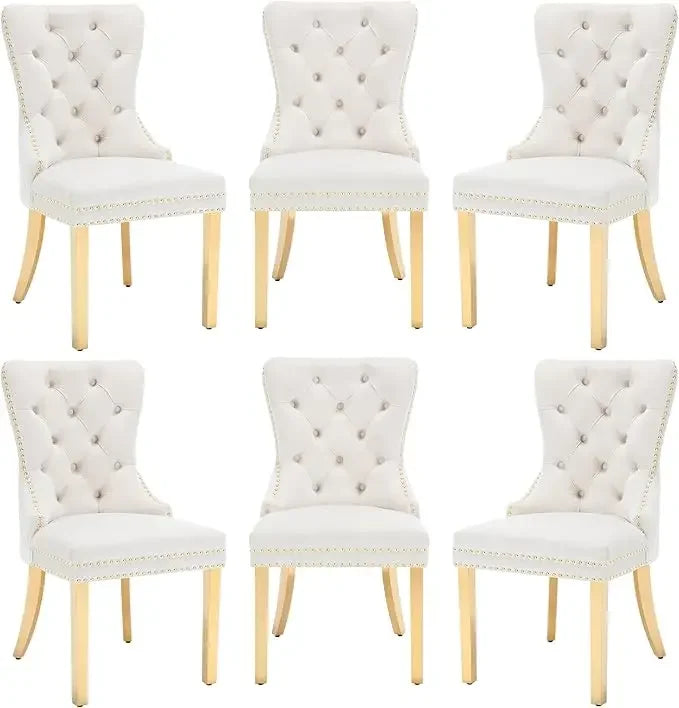 Opulent Velvet Dining Chairs Set of 6 - Luxurious Tufted Back, Nailhead Trim, Lion Head Pull Ring & Rhomboid Pattern