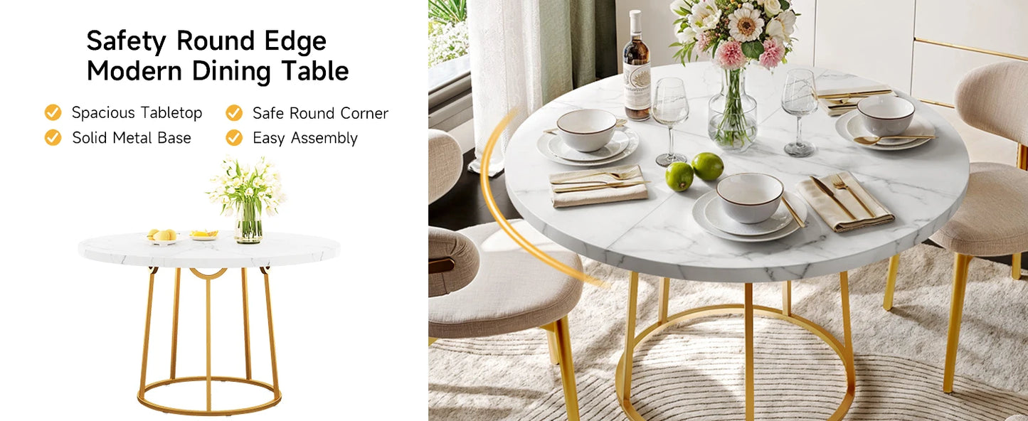 Opulence Round Dining Table – 47” White Marble Luxe with Gold Sculptural Base for Inspired Gatherings