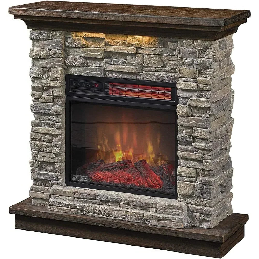 Smoky Gray Stone Wall Mantel Electric Fireplace | Remote-Controlled, 5,200 BTU Infrared Heater