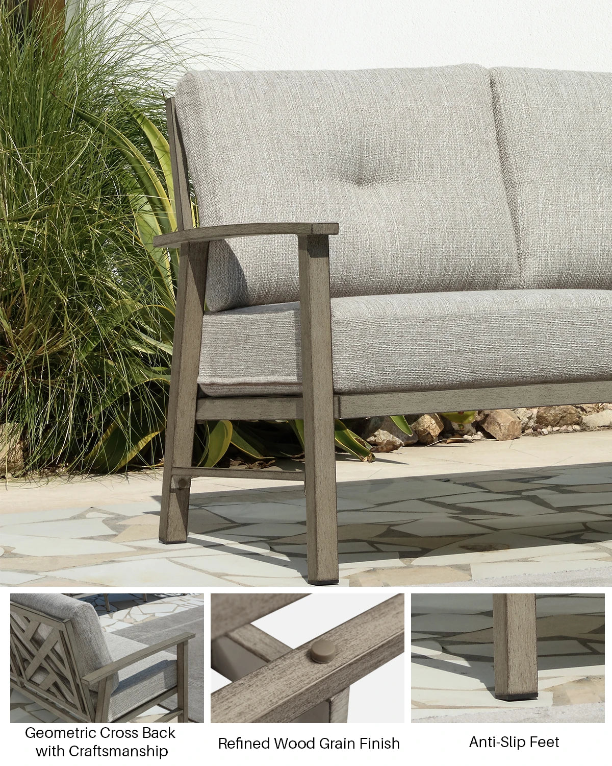 Seehill Limed Oak 3-Seater Outdoor Sectional Sofa – Modern Aluminum Patio Set for Garden, Lawn & Terrace Bliss