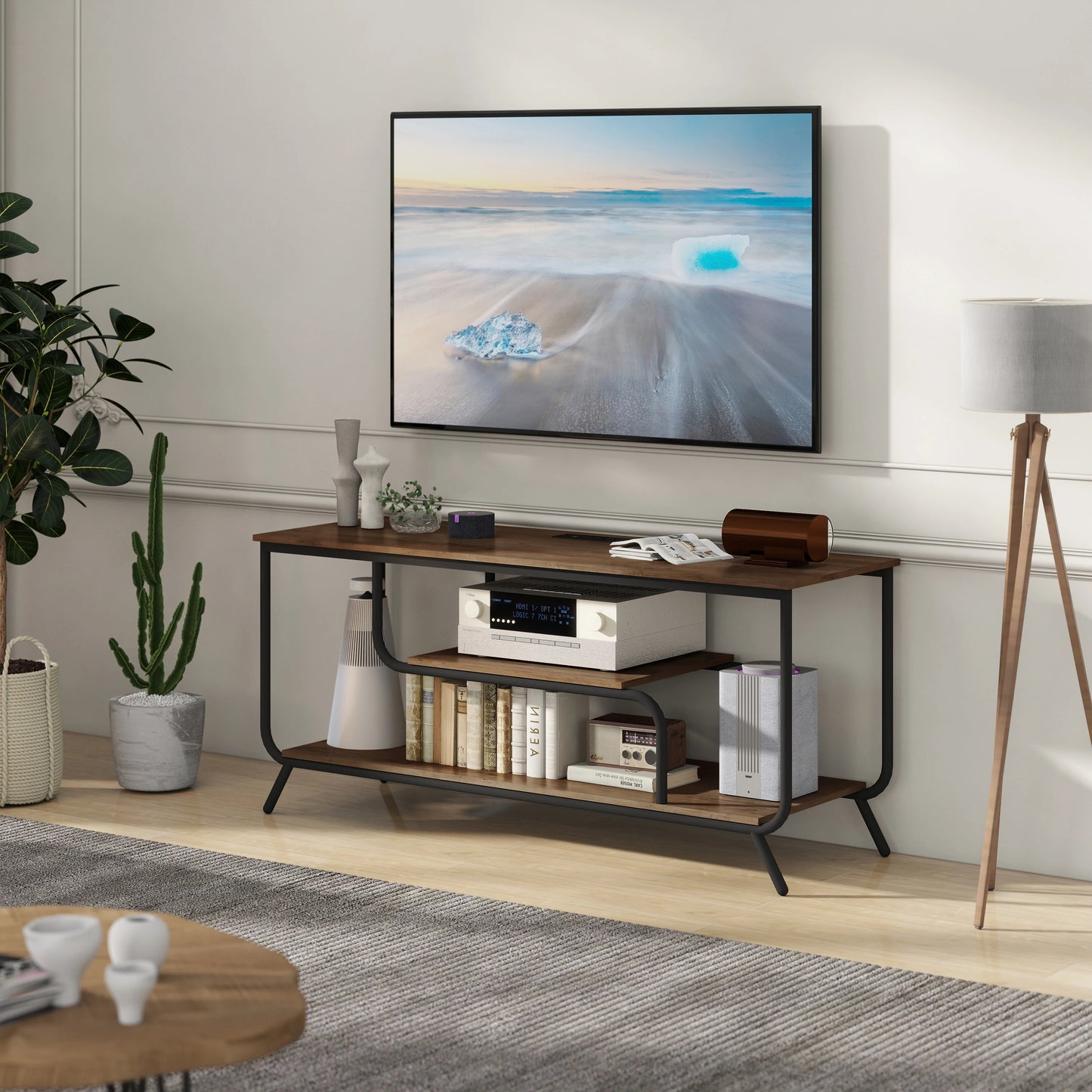 WhisperGlow Luxe TV Stand With Smart Power & Ambient LED Aura – Light Gray Serenity
