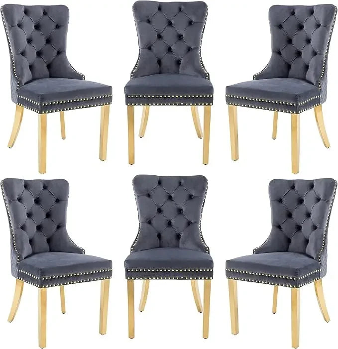 Opulent Velvet Dining Chairs Set of 6 - Luxurious Tufted Back, Nailhead Trim, Lion Head Pull Ring & Rhomboid Pattern