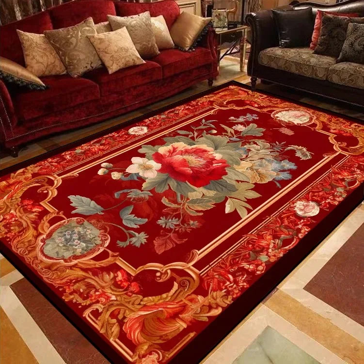 RoyalBloom Retro European Floral Rug – Soft Flannel Luxury Carpet for Living Room, Bedroom & Parlor Elegance