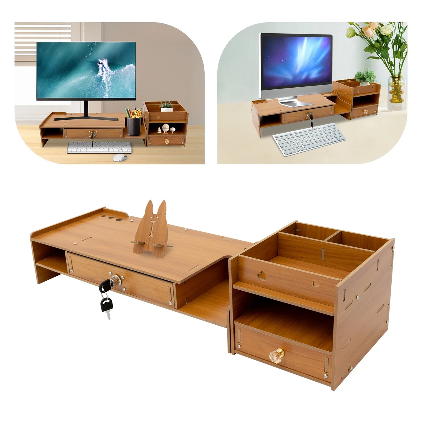 SerenityLift Adjustable Monitor Stand With Lockable Storage | Ergonomic Desk Organizer With Cute Phone Holder & Wire Ports