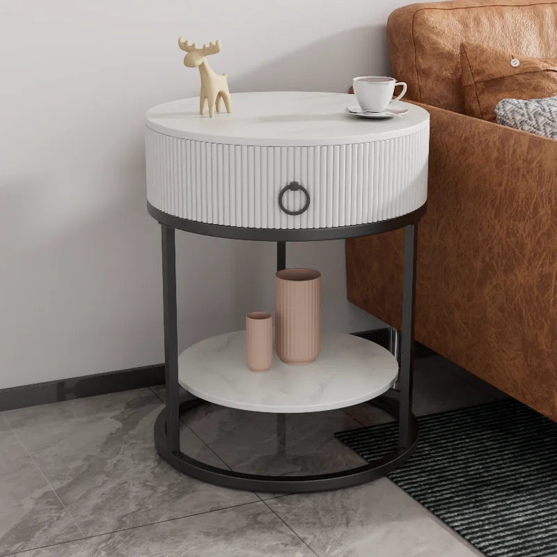 CelesteRound Modern Slate Nightstand – Minimalist Luxury Metal Side Table with Drawer for Bedroom & Living Elegance