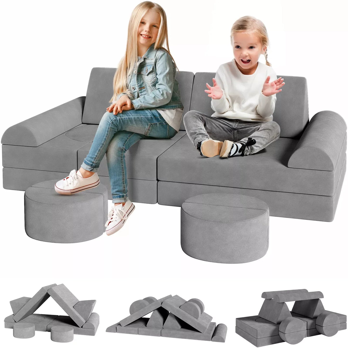 The House Of Bonney Modular Kids Play Couch – 14-Piece Convertible Sectional Sofa & Fortplay Set for Toddlers and Families