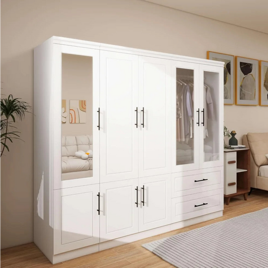 71” Wooden Bedroom Wardrobe with Mirrors & Drawers – High Cabinet Wardrobe with Hangers, Modern Storage Solution for Elegant Spaces