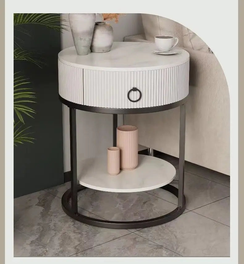 CelesteRound Modern Slate Nightstand – Minimalist Luxury Metal Side Table with Drawer for Bedroom & Living Elegance