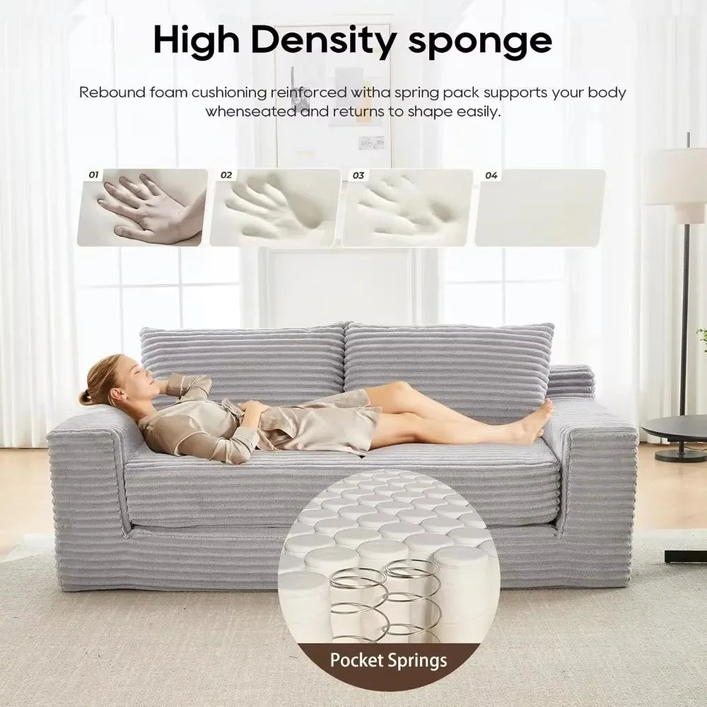 Corduroy Cloud Convertible Loveseat – 2-in-1 Sofa Bed for Small Spaces with Dual Pillows & Retro-Modern Charm