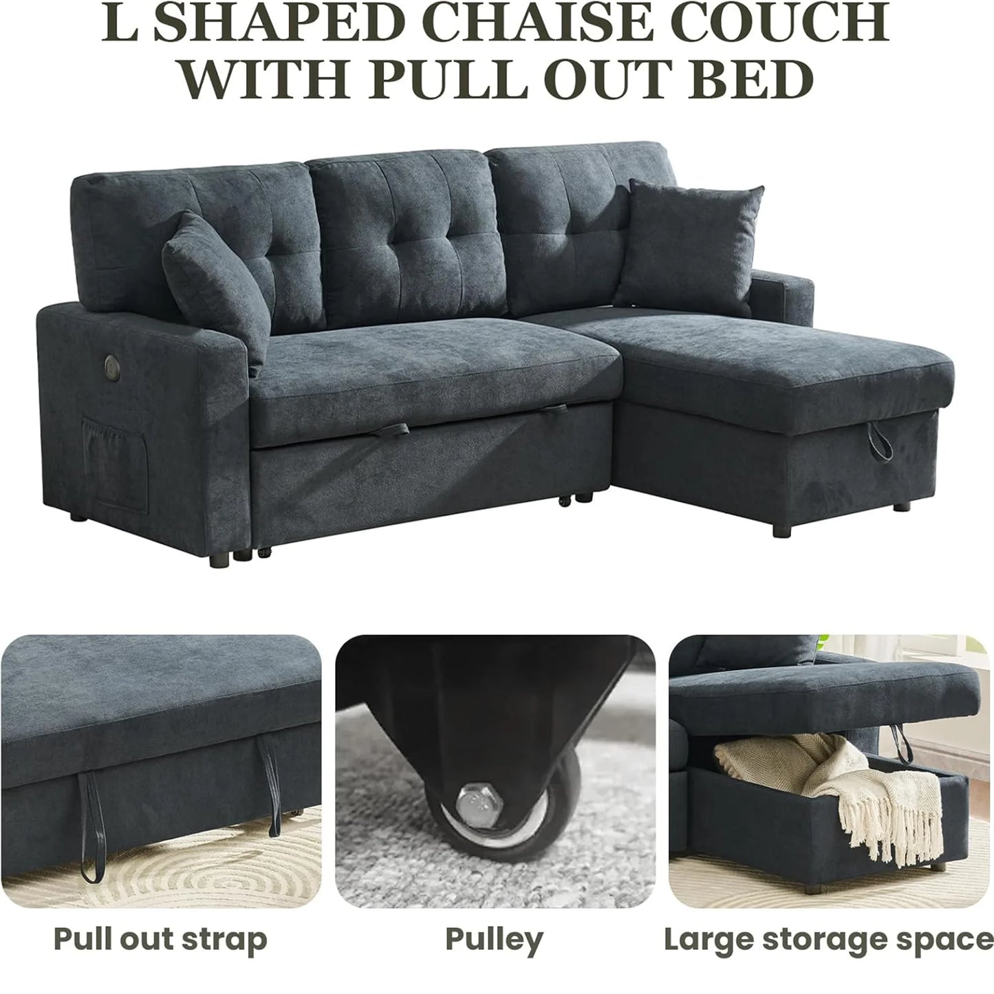 L-Shape Storage Sofa with Pull-Out Sleeper & USB/Type-C Charging – The House of Bonney