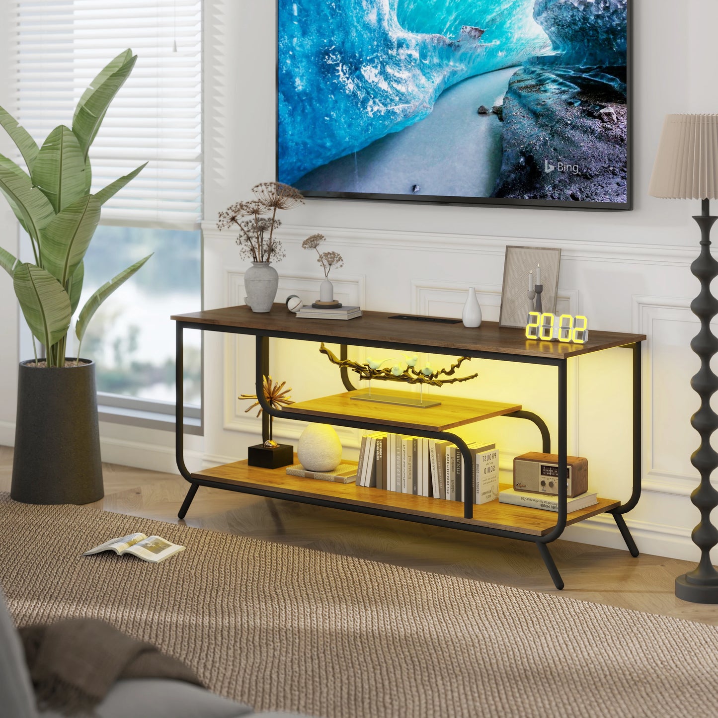 WhisperGlow Luxe TV Stand With Smart Power & Ambient LED Aura – Light Gray Serenity