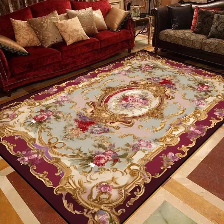 RoyalBloom Retro European Floral Rug – Soft Flannel Luxury Carpet for Living Room, Bedroom & Parlor Elegance
