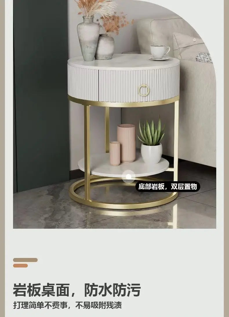 CelesteRound Modern Slate Nightstand – Minimalist Luxury Metal Side Table with Drawer for Bedroom & Living Elegance