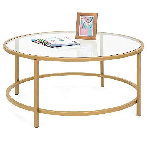 The Celeste Round Glass Coffee Table – Sleek Modern Elegance with Satin Metal Accents