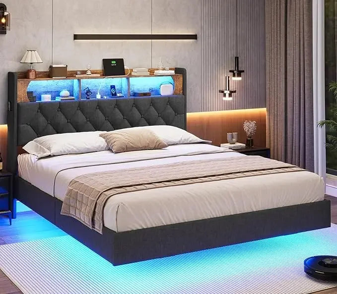 Luminous Dream King Size Floating Bed Frame with RGB LED Headboard, USB Ports & Hidden Storage - Modern Bedroom Furniture