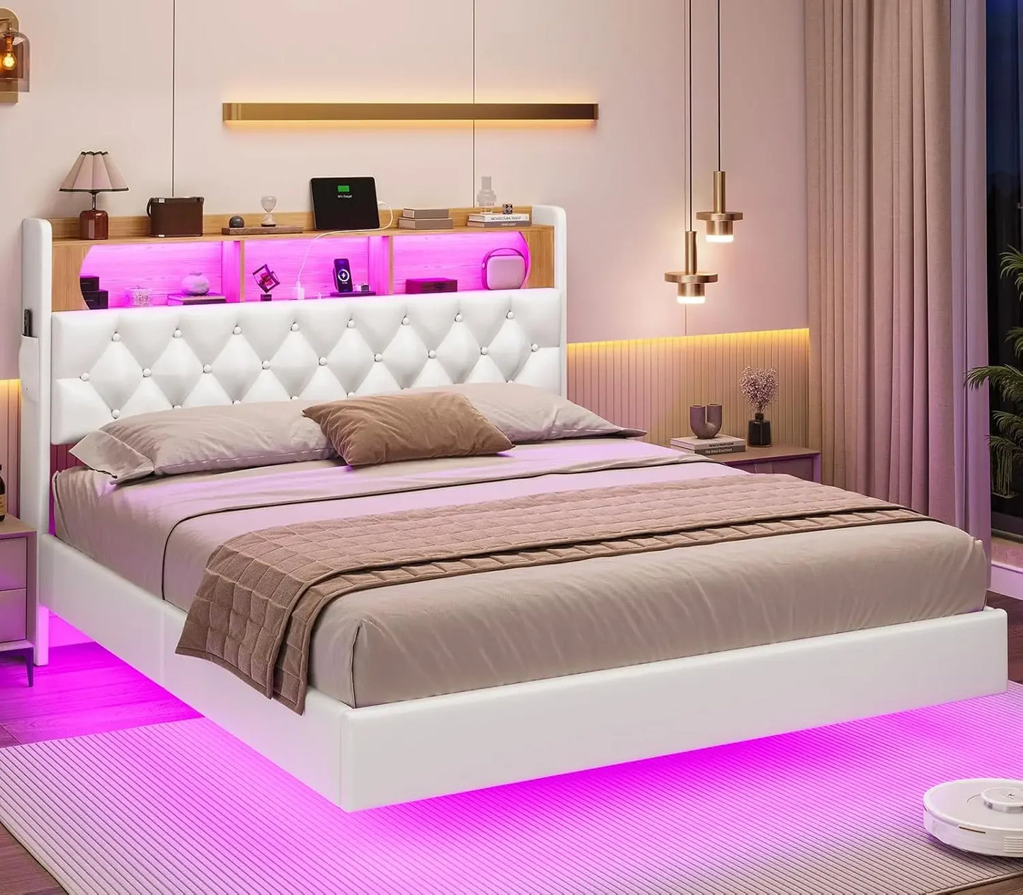 Luminous Dream King Size Floating Bed Frame with RGB LED Headboard, USB Ports & Hidden Storage - Modern Bedroom Furniture