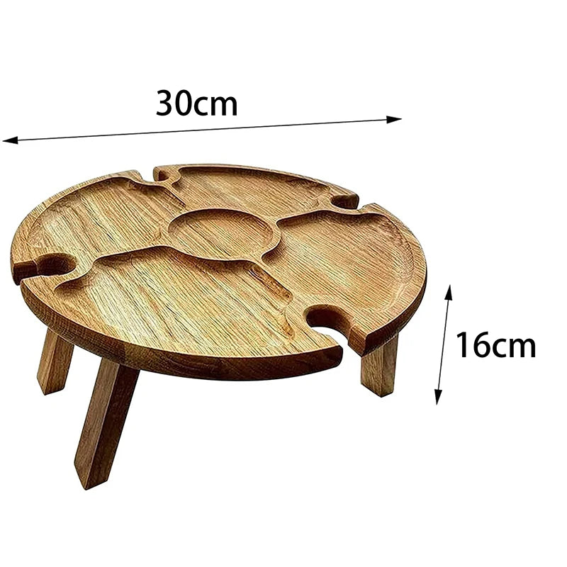 ChâteauEase Bamboo Folding Wine & Snack Table | 2-in-1 Round Picnic Tray With Glass Holder for Garden & Outdoor Gatherings