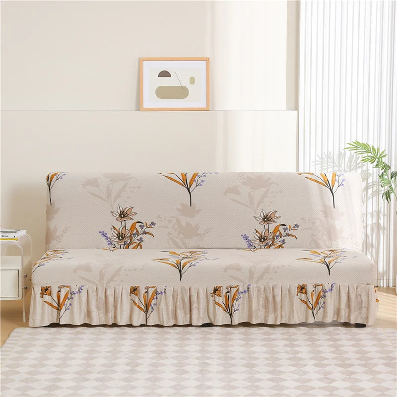 ✨ Maison Skirted Elegance – Print Armless Sofa Bed Cover with Chic Quilted Finish 🌸